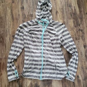 Lukka Grey Striped Full Zip Stretch Active Hoodie Jacket Size XL Thumb Holes